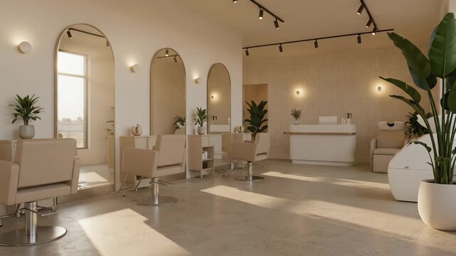 Modern Beige Hair Salon Interior with Chairs, Mirrors, Plants, and Reception