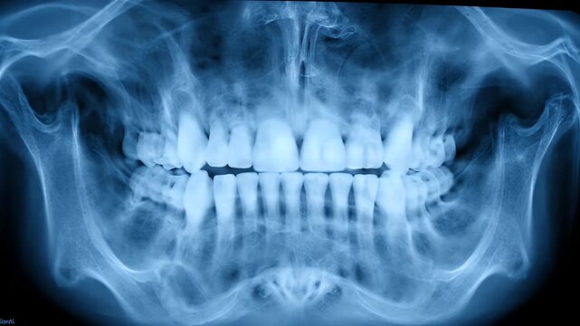 Dental Panoramic X-Ray Showing Teeth and Jaw Structure in Blue Tones Scan of Dental Health for Diagnosis and Treatment