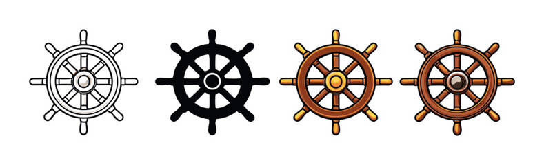 Obraz premium Four nautical ship wheels in various shades and styles on gradient background