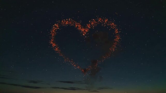 Exploding pyro shell creating golden heart spark ring above field aiming to form heart with smoke