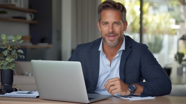 Confident businessman executive manager entrepreneur leadership portrait headshot of professional male adult modern office workspace with laptop casual smart suit smiling successful corporate remote