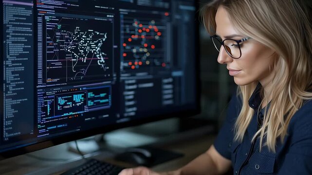 Focused female hacker cyber security computer screen data analysis coding dark office network map cyber attack surveillance information technology confident woman data analyst cybersecurity