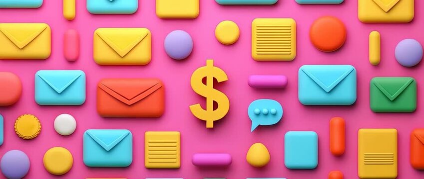3D rendered colorful icons envelopes and dollar sign arrangement on bright pink