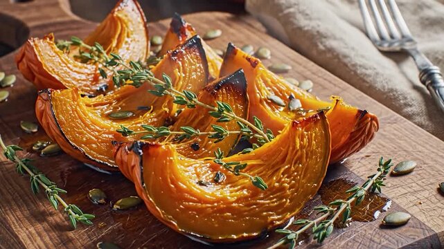 Delicious roasted pumpkin slices with fresh thyme and seeds on a wooden board