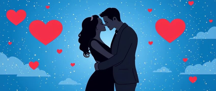 Silhouette of embracing couple under starry blue sky with floating red hearts and clouds