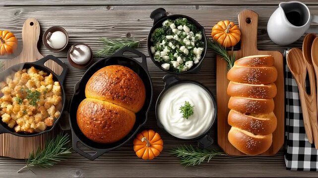 Autumn dinner holiday feast thanksgiving table with braided bread and pumpkin decor skillet stuffing and mashed potato rustic wood comfort food cozy mood thanksgiving dinner table bread stuffing