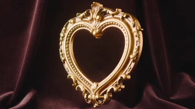 Offscreen nudge sending ornate gold heart frame centering on burgundy studio drape, showing crest