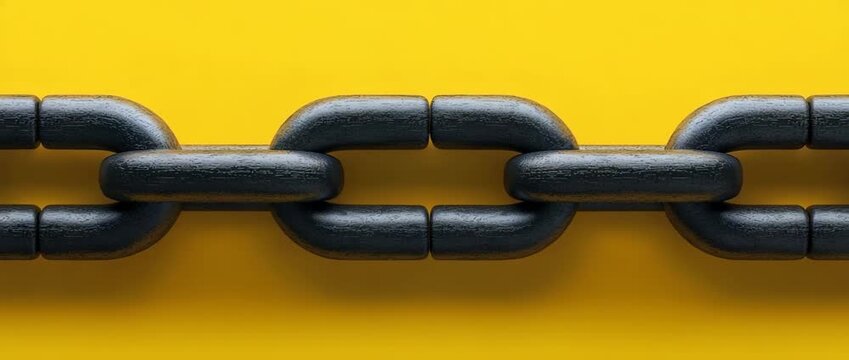 Macro view of dark metal chain links against  bright yellow  symbolizing connection and strength