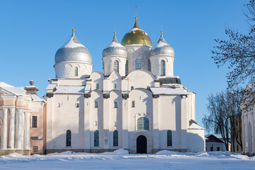 The medieval Saint Sophia Cathedral on a sunny February day. Detinets of Veliky Novgorod. Russia