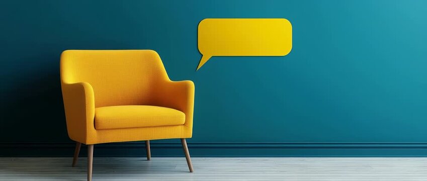 Yellow armchair next to teal wall with blank speech bubble copy space