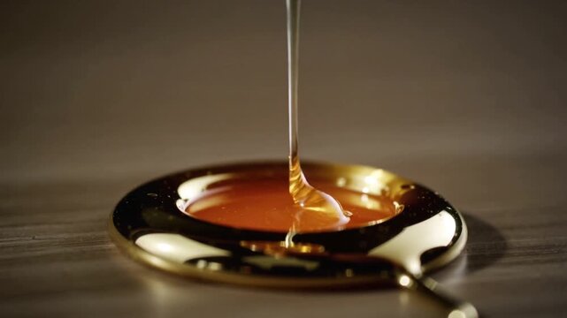 Pressing metal tamper with red gasket compressing golden syrup on wood table, showing filament pull