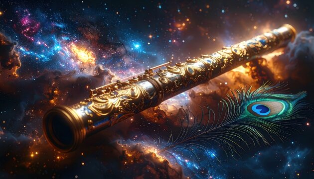 Ornate golden flute with peacock feather rests against a vibrant cosmic nebula filled with sparkling stars and glowing dust