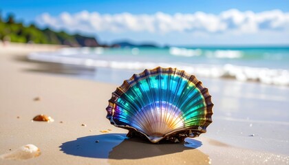 Iridescent seashell with vibrant rainbow colors sits on a sandy beach with crashing waves and a tropical coastline in the distance