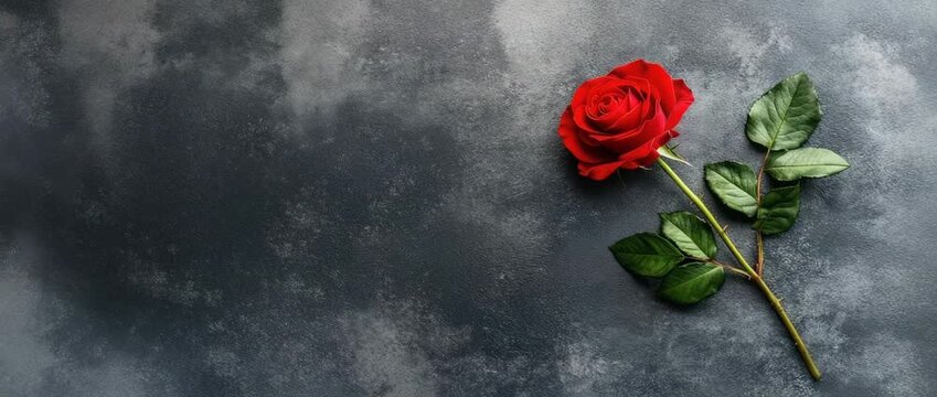 Single red rose with green leaves rests on  dark textured gray  surface