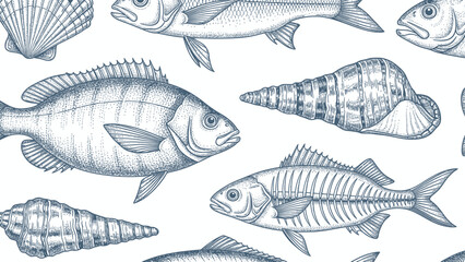 Detailed Sketch of Various Fish and Seashells in a Repeating Pattern. © dada