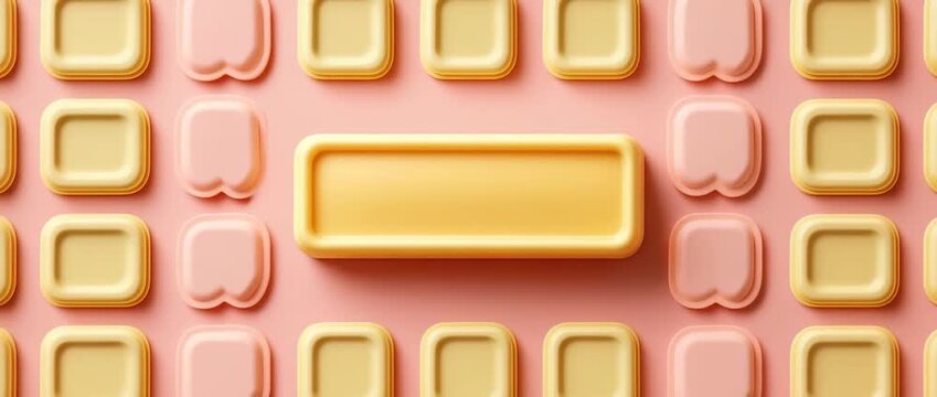 Pastel pink  with repeating yellow and pink rounded rectangular shapes and  central banner