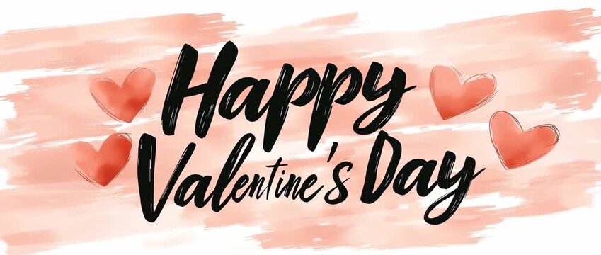 Happy Valentine's Day greeting with black script text and floating red hearts on pink watercolor