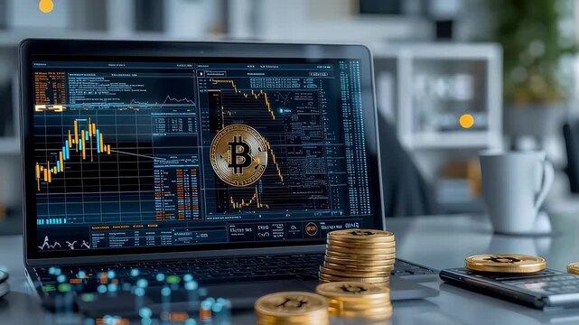 Cryptocurrency bitcoin digital currency blockchain investment finance trading market technology computer laptop coin money savings wealth profit chart graph data analysis exchange economy banking