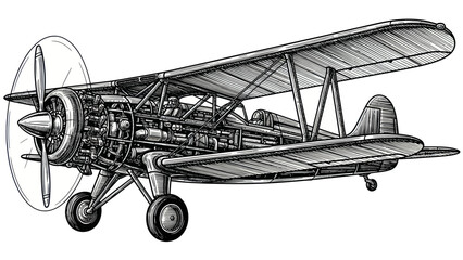 Detailed Vintage Biplane Aircraft Engine Exposed Drawing. © dada