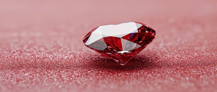 Close up of  brilliant cut red gemstone resting on  sparkling rose pink glitter surface