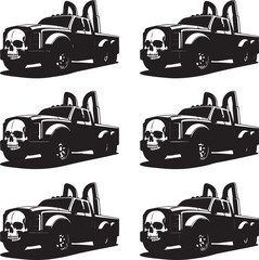 black trucks with skulls on the front grille are shown