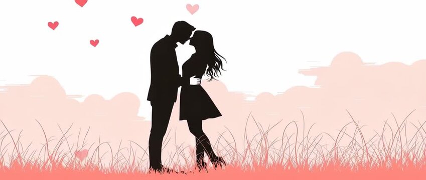 Black silhouette of  couple embracing outdoors with floating hearts against  soft pink sky