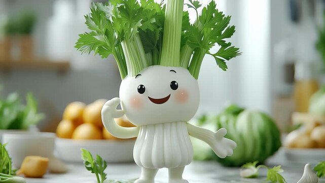 Cute vegetable character celery mascot in kitchen background healthy food and fresh vegetable kawaii style with happy expression for organic cooking and green leaf vegetable art illustration