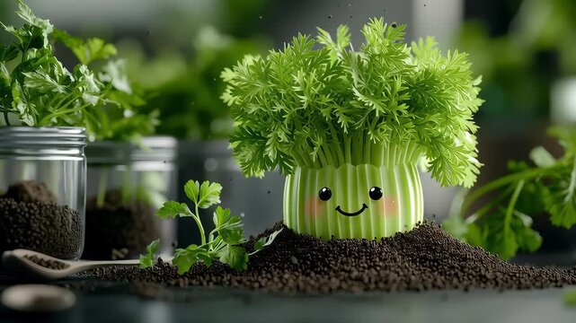 Cute plant pot smiling herb kawaii character green parsley indoor garden playful soil adorable face cartoon planter fresh foliage happy vegetable indoor kitchen garden organic soil mound playful home