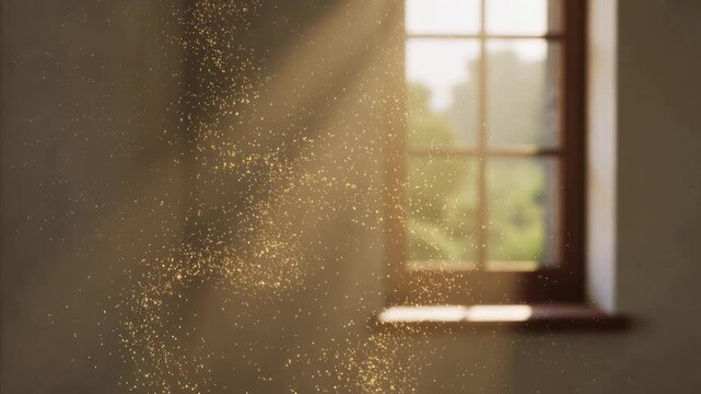 Spiraling gold column shrinking into heart after rays from wooden window pulling motes in room