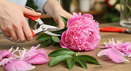 Peony Care and Crafting: A person meticulously trims a vibrant pink peony, preparing it for a floral arrangement, showcasing the artistry of floristry.