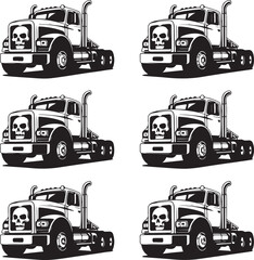 blackandwhite illustration of semitrucks with skull on grille facing different directions