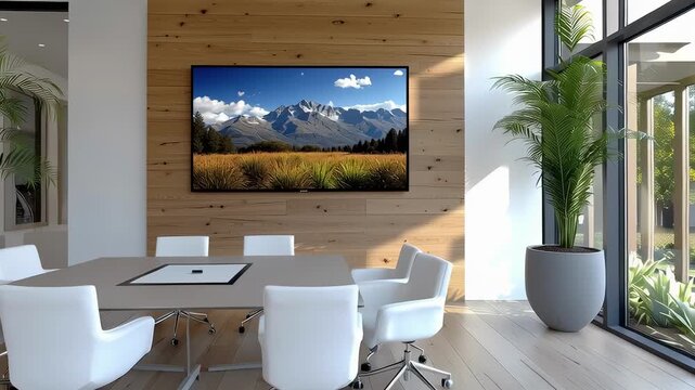 Modern conference room office interior meeting table white chair large window indoor plant wood wall flat screen mountain landscape natural light minimal decor business workspace serene atmosphere