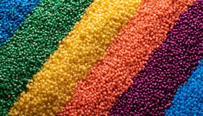 top down photoreal macro of plastic polymer pellets masterbatch granules arranged in bold diagonal color bands