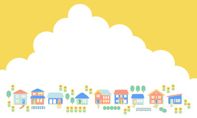 夏の青空とヒマワリの咲いている町並みフレーム背景素材_縁あり