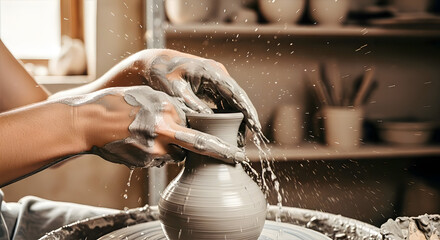 Potter's Hands Shaping Clay: Capturing the artistic process of a potter's hands molding wet clay on a spinning wheel, creating a vase with skill and precision.