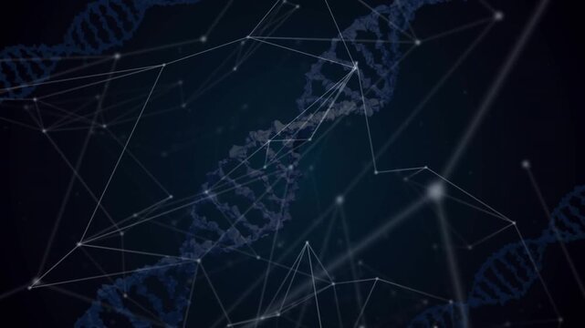 Data input starting animation with blue DNA helix rotating and mesh shifting for biotech visuals