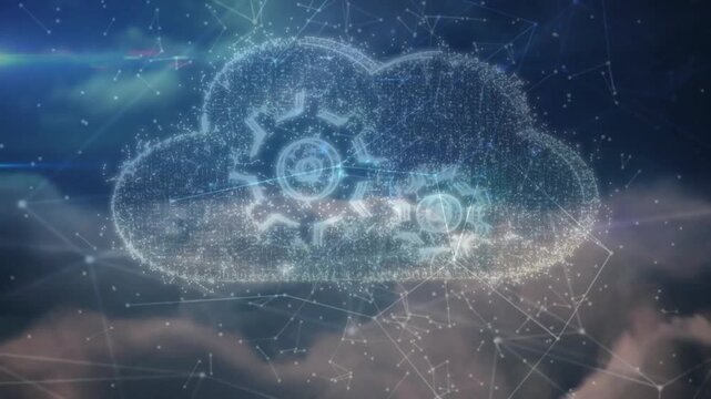 Bright streak appearing and forming hologram cloud, gears syncing, showing cloud automation reset