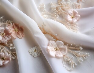 delicate white fabric adorned with soft pastel floral embroidery ethereal botanical