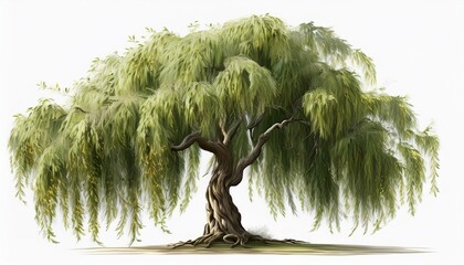 weeping willow tree isolated on white background flowing long leaves realistic botanical render natural shape