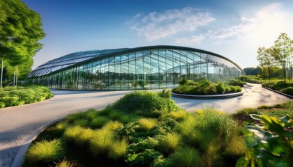 modern glass biotech center lush green landscape plant garden
