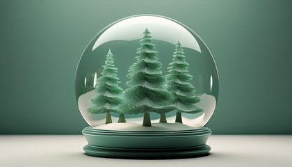 minimal glass snow globe with stylized pine trees on white base