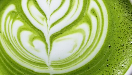 frothy matcha latte with its signature vibrant green color and delicate swirling foam patterns a macro and full frame texture shot close up texture top view
