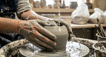 Crafting the Moment: A potter's hands delicately shape clay on a spinning wheel, artistry and creation come together. Capturing the skill and passion of the artisan, a vessel takes form. 