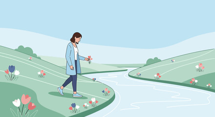 Obraz premium Woman Walking by River Collecting Flowers in Spring Meadow