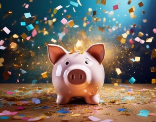 joyful piggy bank explodes with colorful confetti on a bright background sparkle celebration