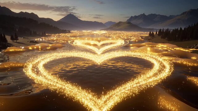 Starting golden mounds forming central heart rings expanding on lake at dusk, creating warm glow