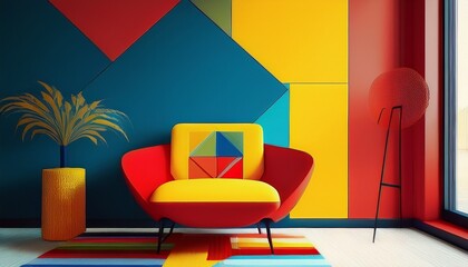yellow red lounge chair in vibrant suprematist style living room with multicolored geometric blocks style cushion