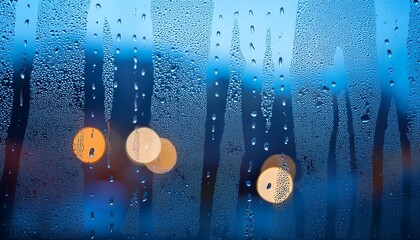 raindrops on window glass with blurred blue background and bokeh light perfect for abstract weather or atmospheric concepts
