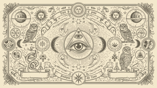 Esoteric Occult Symbols and Mystical Elements Engraved Illustration.