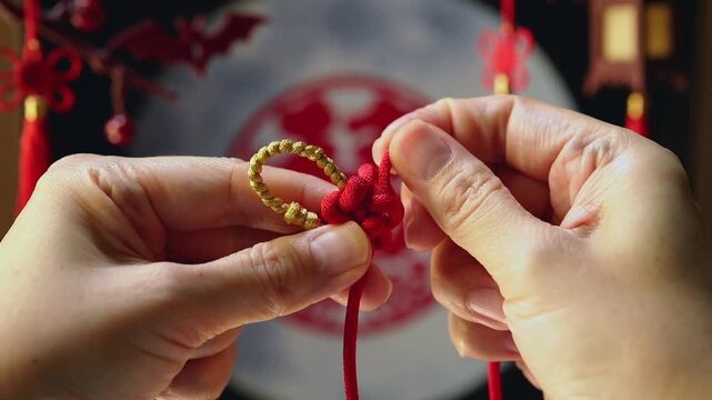 Holding gold loop and red cord, hands forming festive knot at craft table with tassels behind